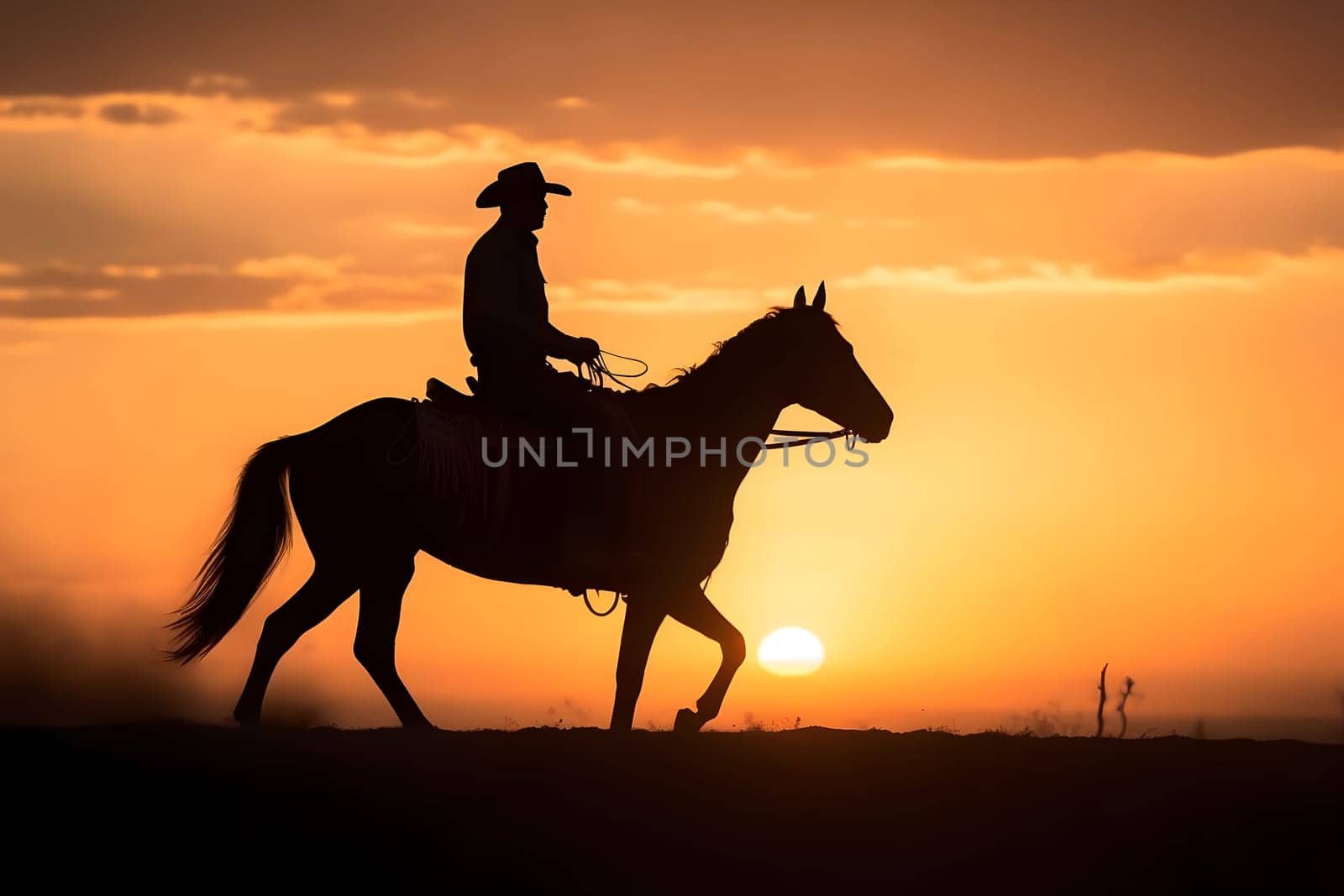 Silhouette of a cowboy on a horse at sunset. Neural network generated in May 2023. Not based on any actual person, scene or pattern.