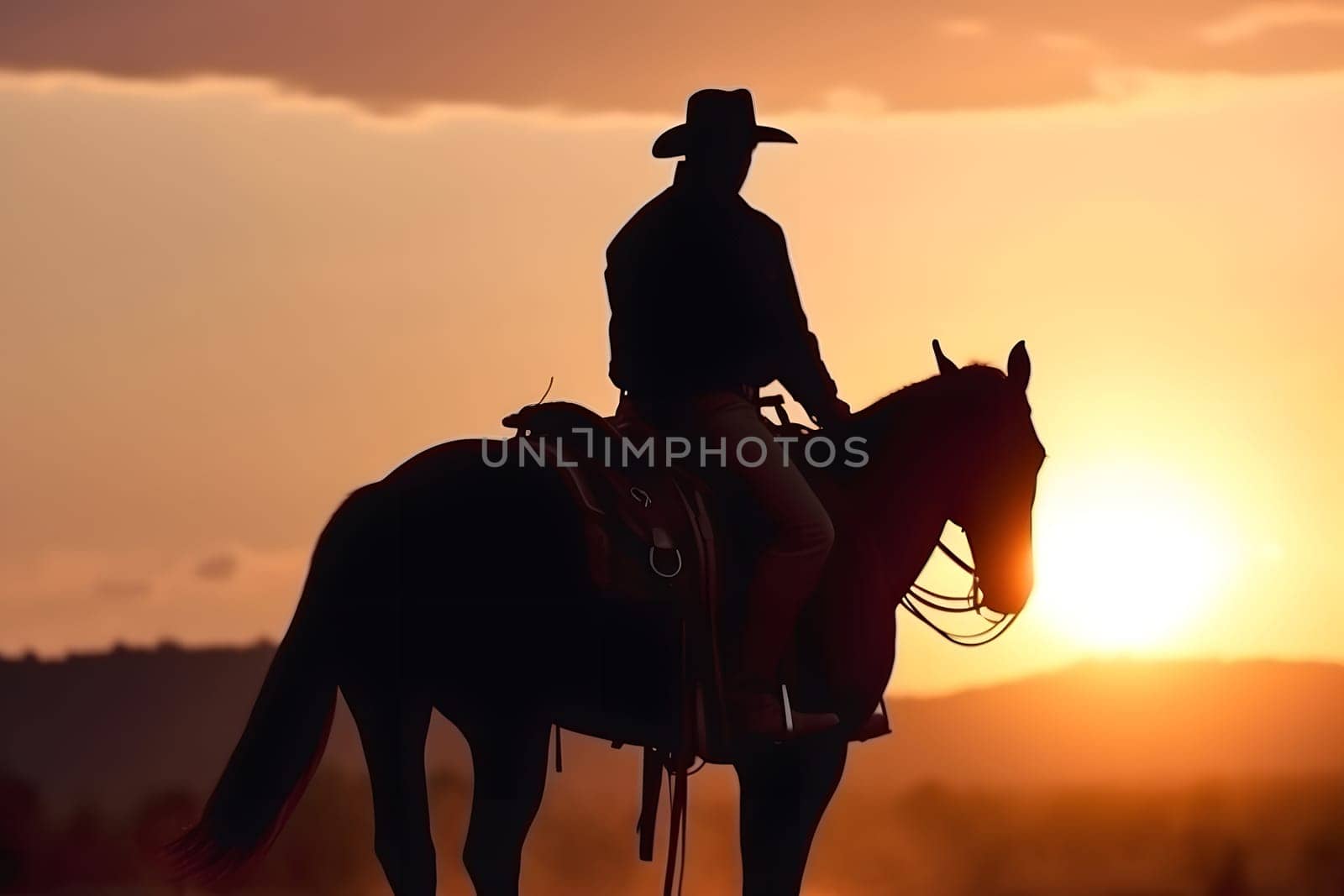 Silhouette of a cowboy on a horse at sunset. Neural network generated in May 2023. Not based on any actual person, scene or pattern.