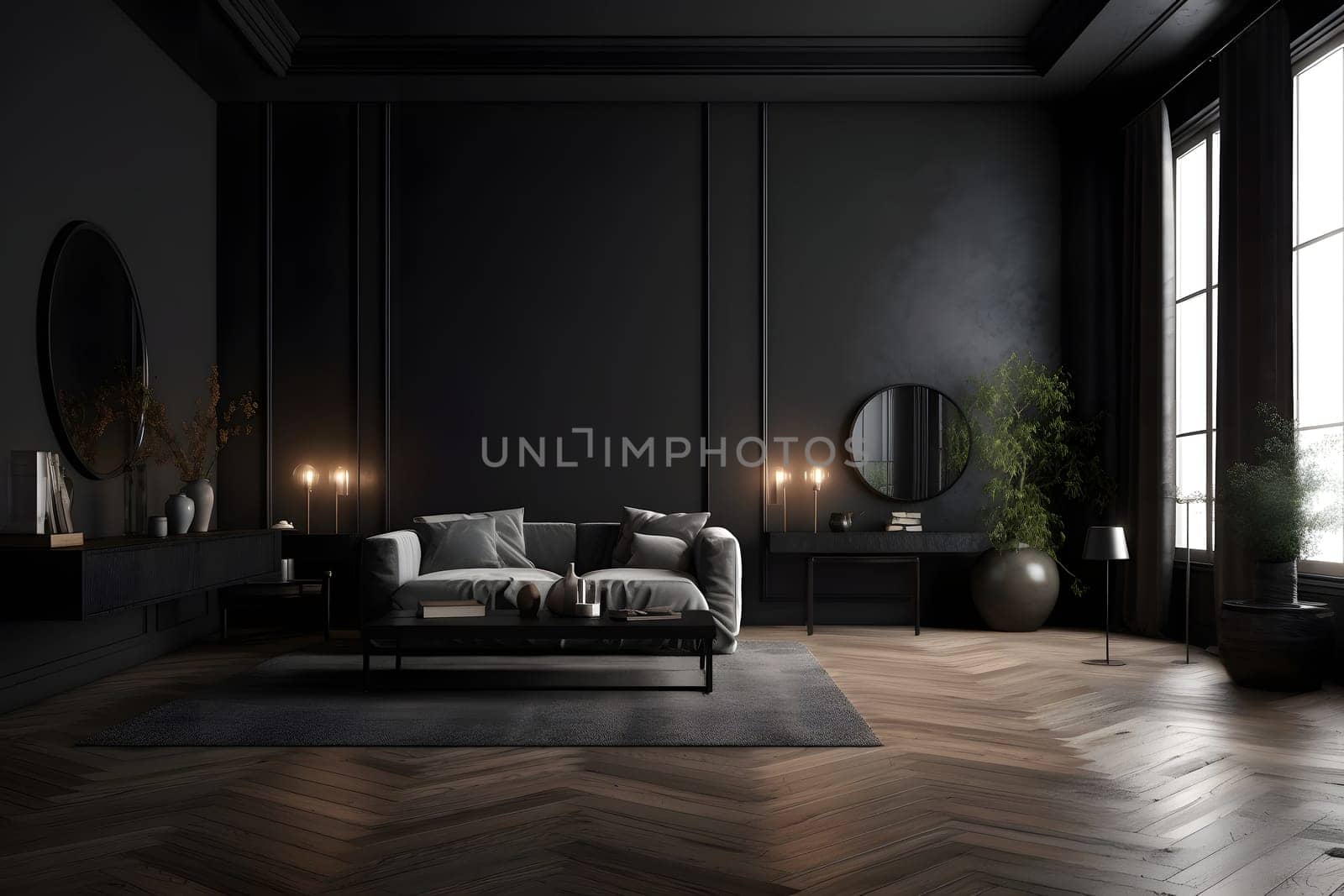 Modern dark home interior. Neural network generated in May 2023. Not based on any actual scene or pattern.