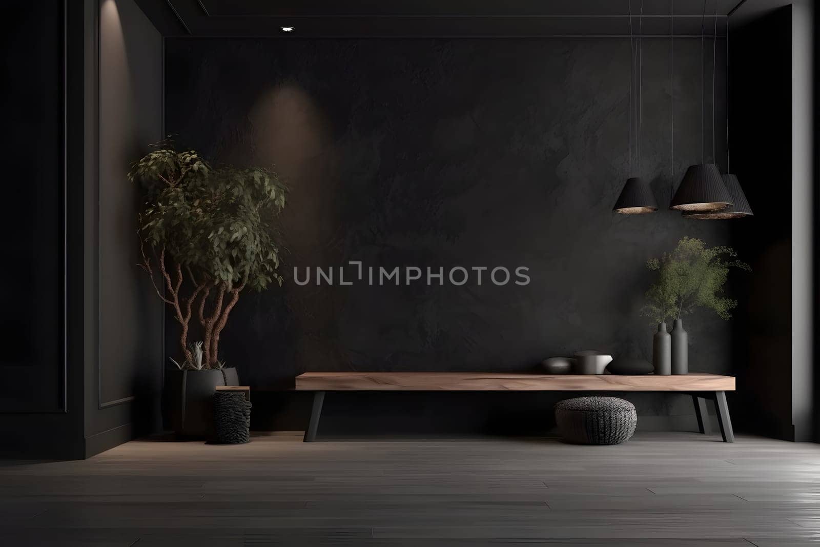 Modern dark home interior. Neural network generated in May 2023. Not based on any actual scene or pattern.