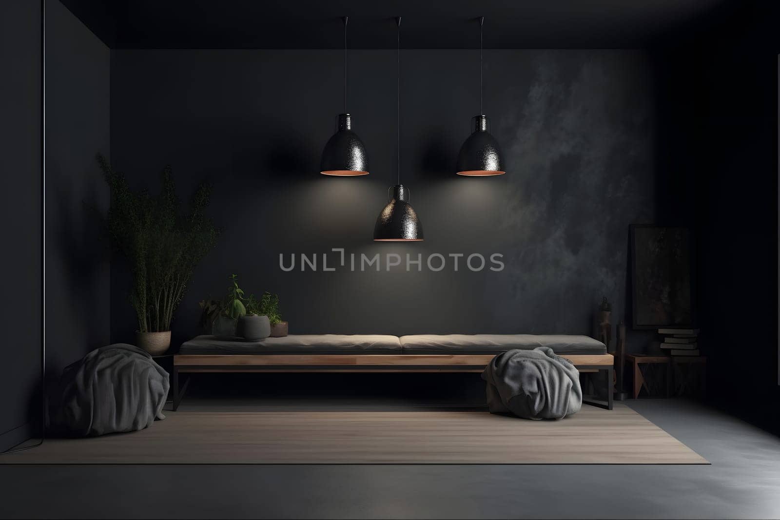 Modern dark home interior. Neural network generated in May 2023. Not based on any actual scene or pattern.