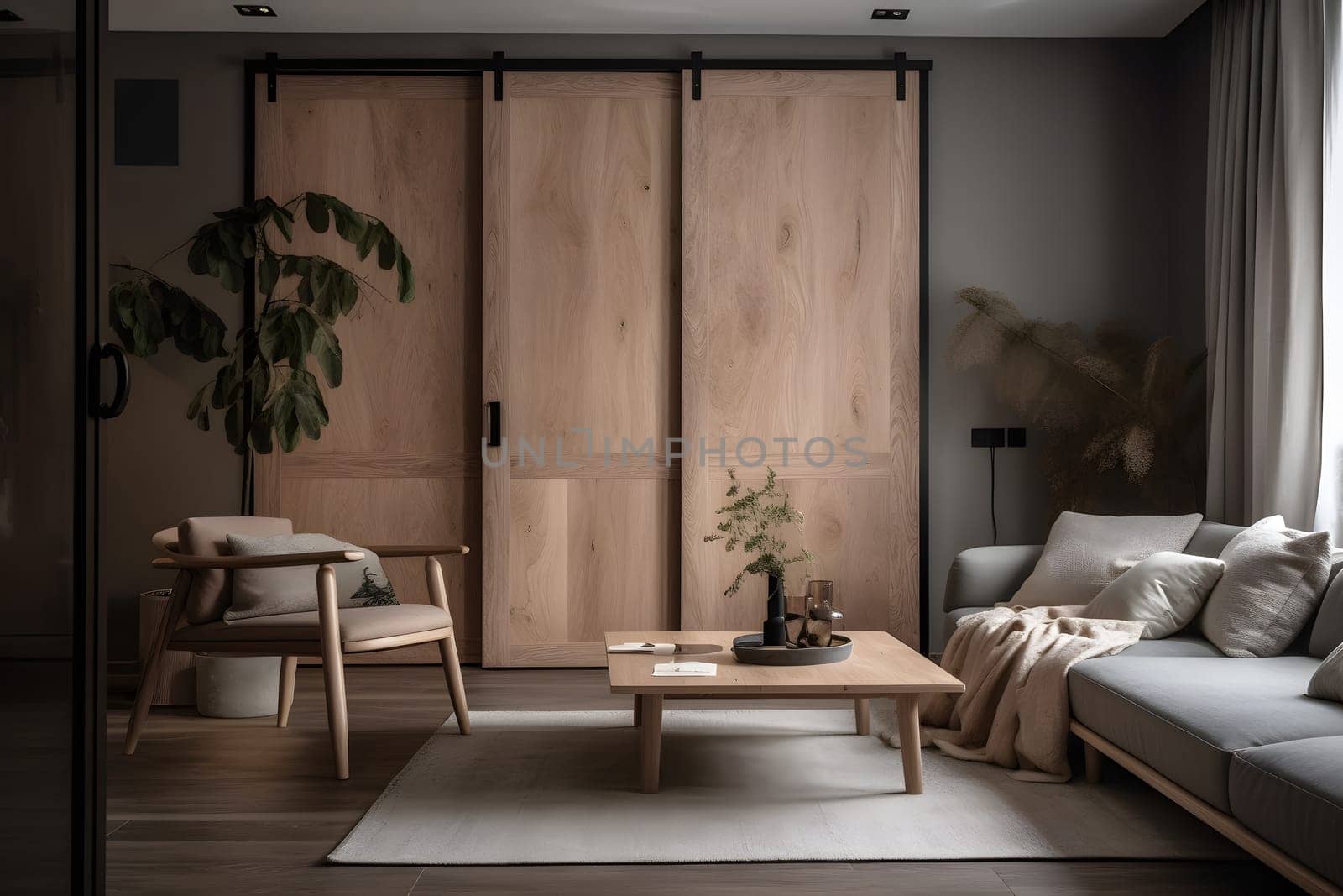 Modern Japandi interior design appartment. Neural network generated in May 2023. Not based on any actual scene or pattern.