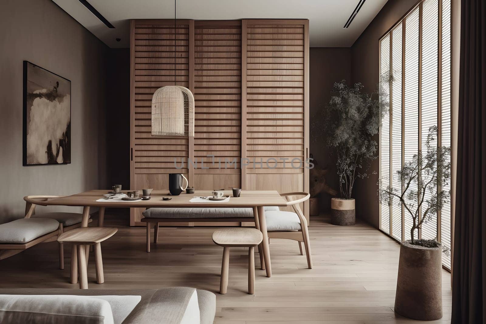 Modern Japandi interior design appartment. Neural network generated in May 2023. Not based on any actual scene or pattern.