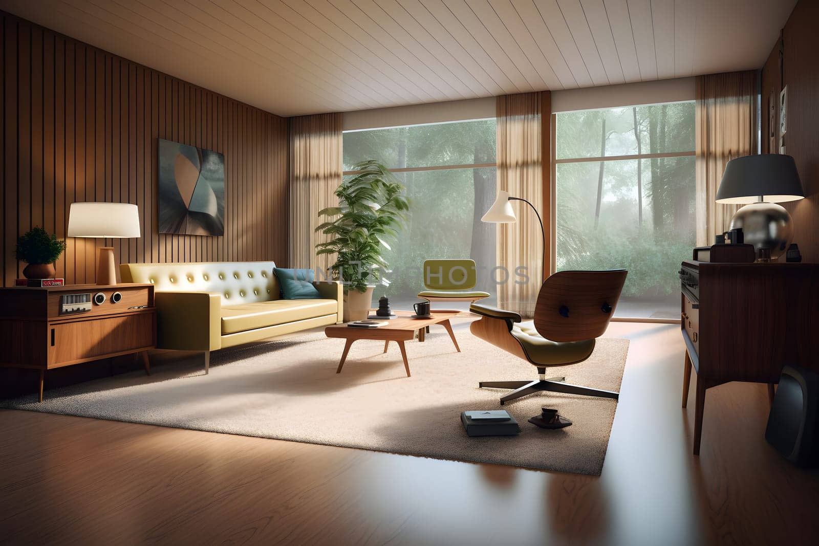 photorealistic mid century interior with sunlight from windows at summer day. Neural network generated in May 2023. Not based on any actual scene or pattern.