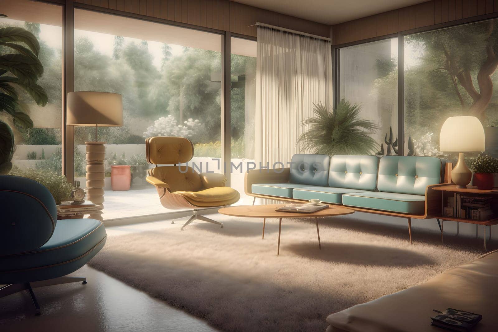 photorealistic mid century interior with sunlight from windows at summer day. Neural network generated in May 2023. Not based on any actual scene or pattern.
