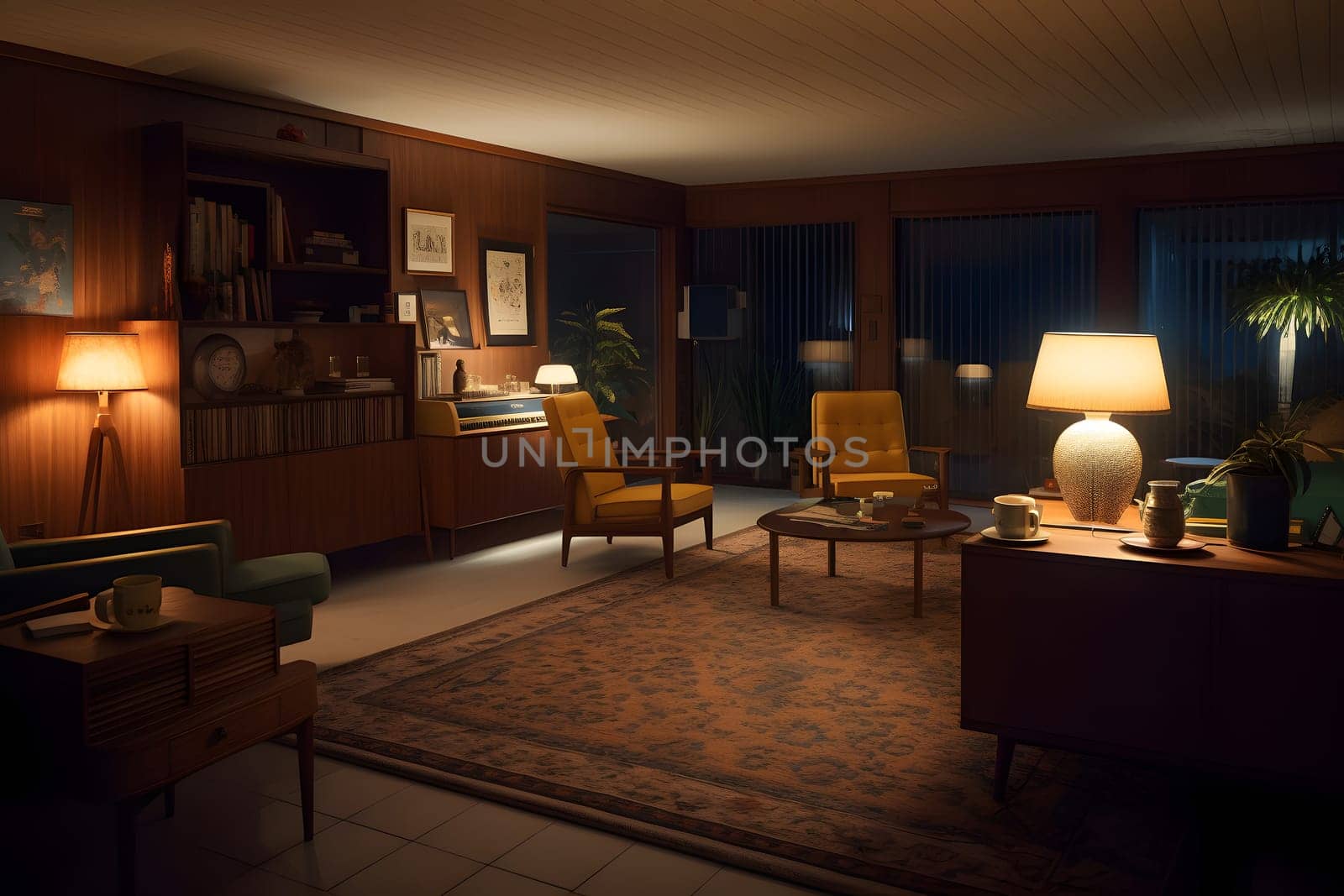photorealistic mid century interior at summer night. Neural network generated in May 2023. Not based on any actual scene or pattern.