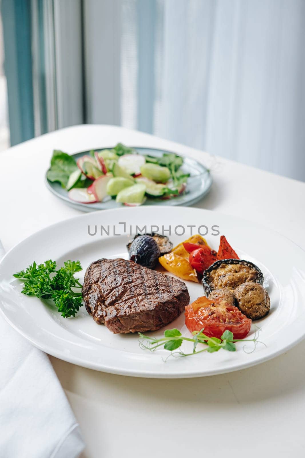 beef steak with grilled vegetables and herbs