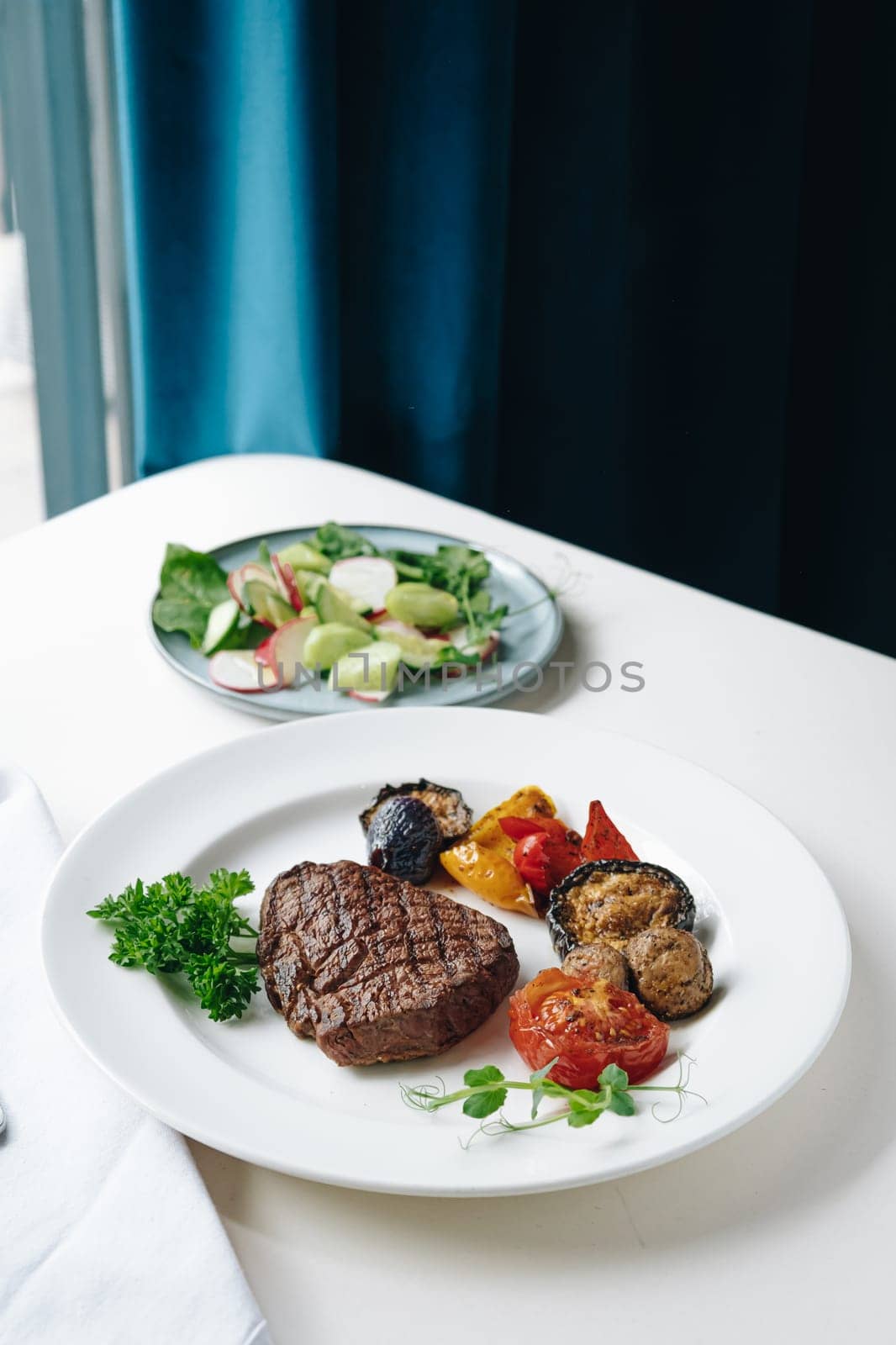 beef steak with grilled vegetables and herbs