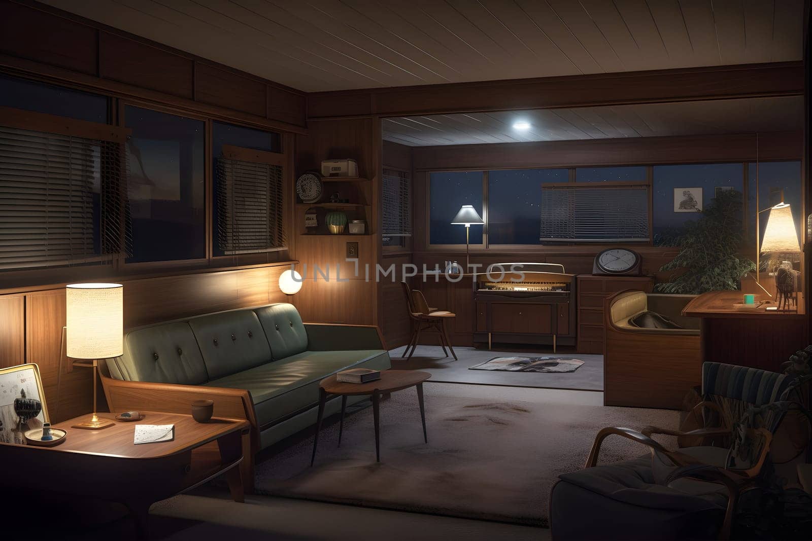 photorealistic mid century interior at summer night. Neural network generated in May 2023. Not based on any actual scene or pattern.