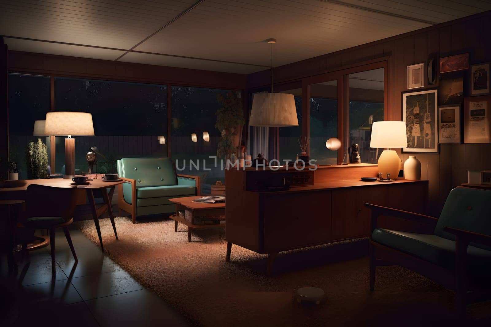 photorealistic mid century interior at summer night. Neural network generated in May 2023. Not based on any actual scene or pattern.