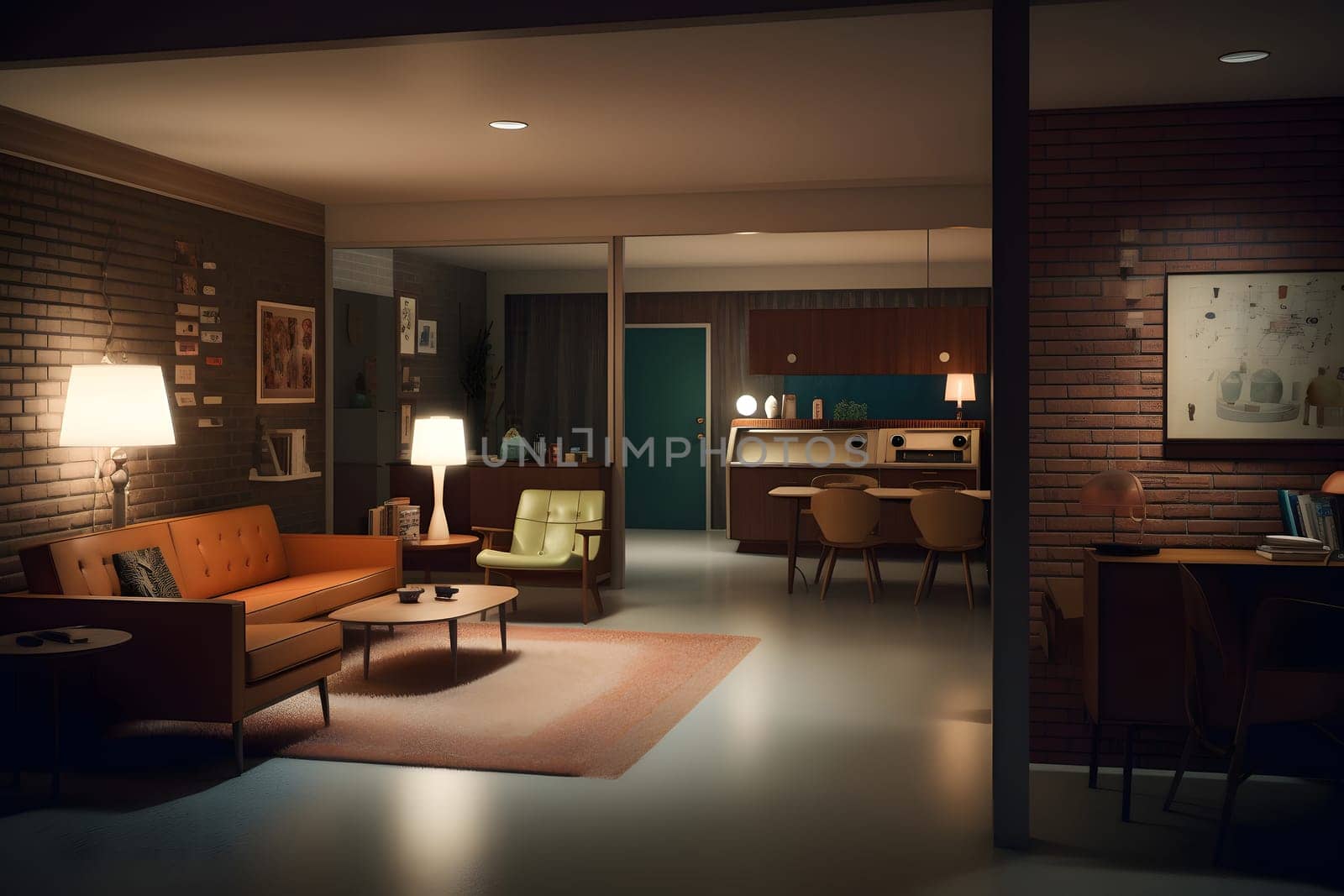 photorealistic mid century interior at summer night. Neural network generated in May 2023. Not based on any actual scene or pattern.
