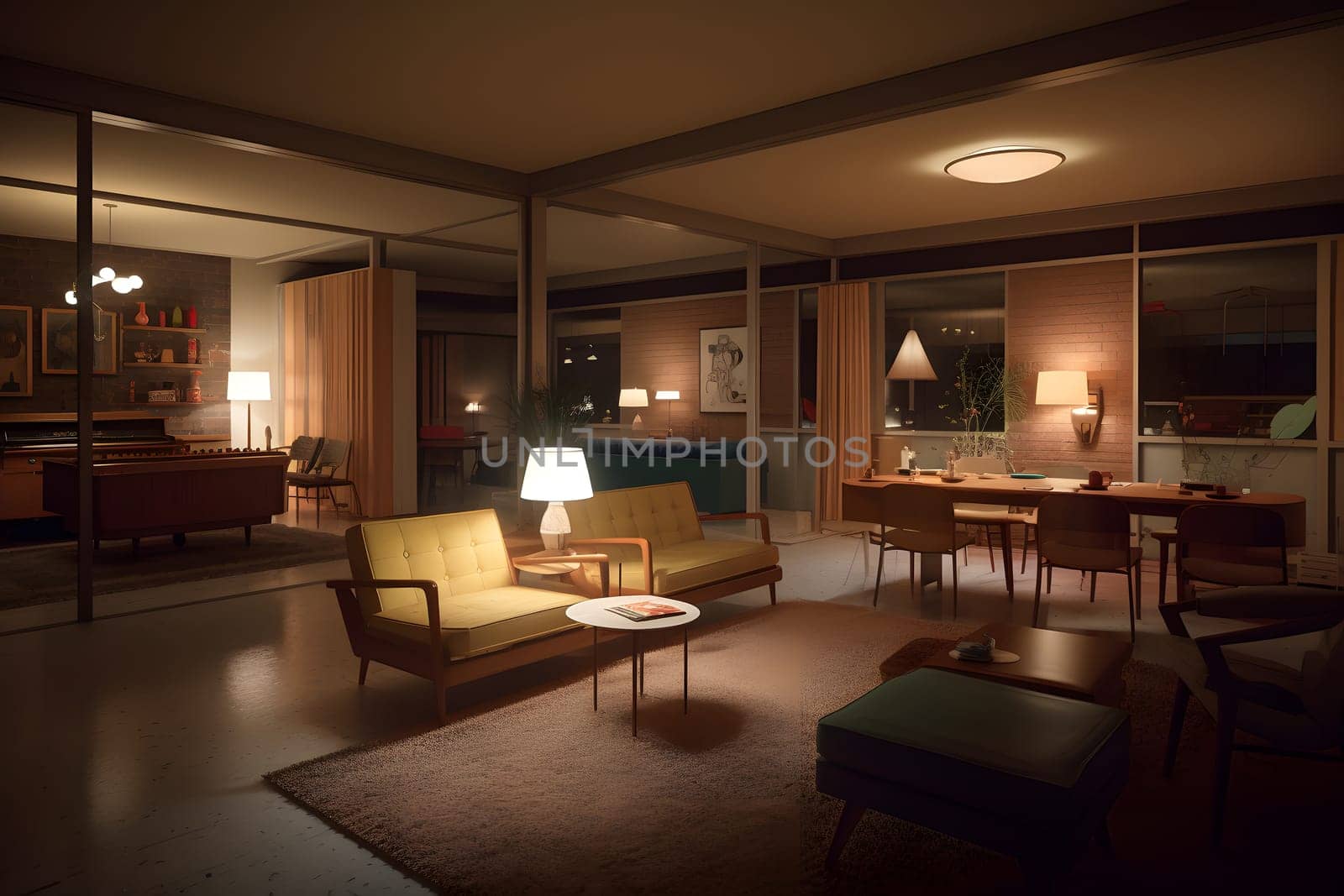 photorealistic mid century interior at summer night. Neural network generated in May 2023. Not based on any actual scene or pattern.