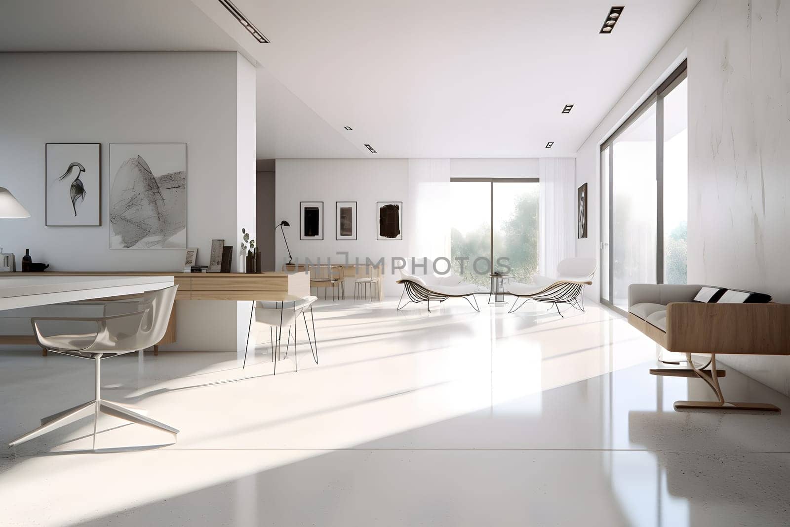 contemporary photorealistic white interior in minimalistic style. Neural network generated in May 2023. Not based on any actual scene or pattern.