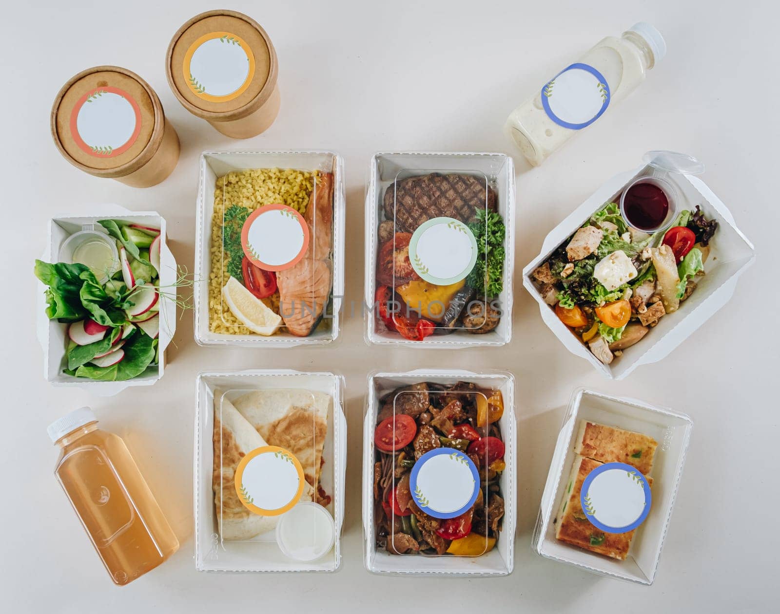 food in containers. proper nutrition, daily diet, weight loss. soup, drink, salad, steak. Top view by tewolf