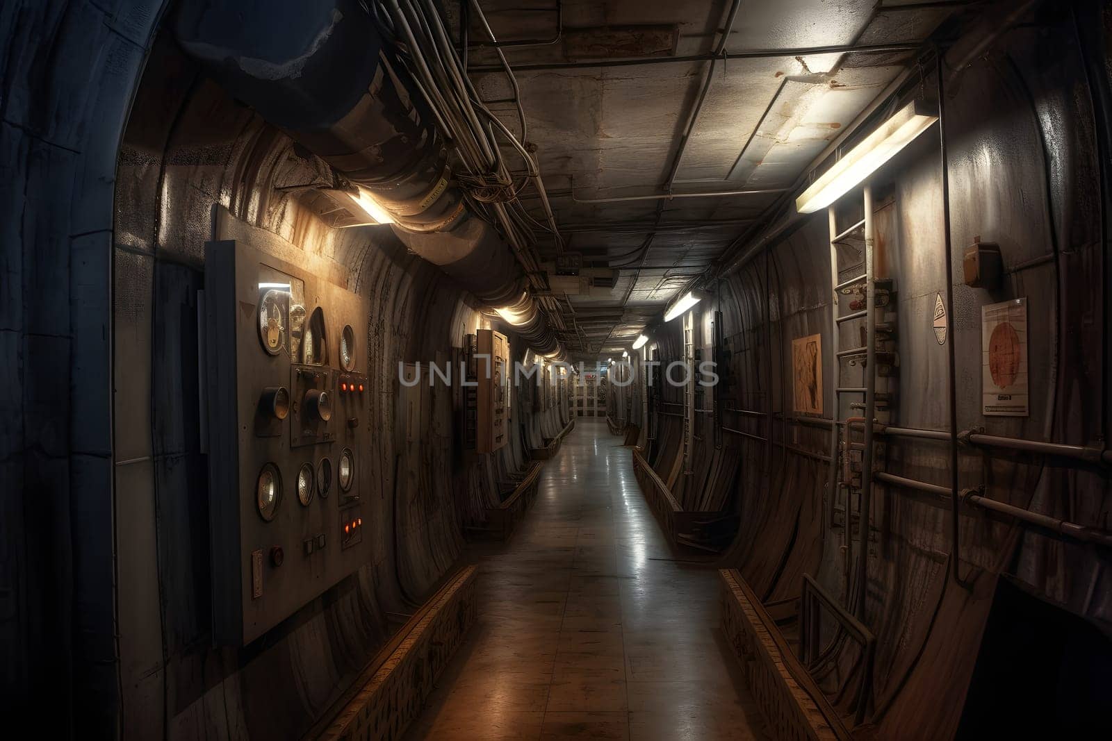 abandoned old unerground bunker interior. Neural network generated in May 2023. Not based on any actual scene or pattern.