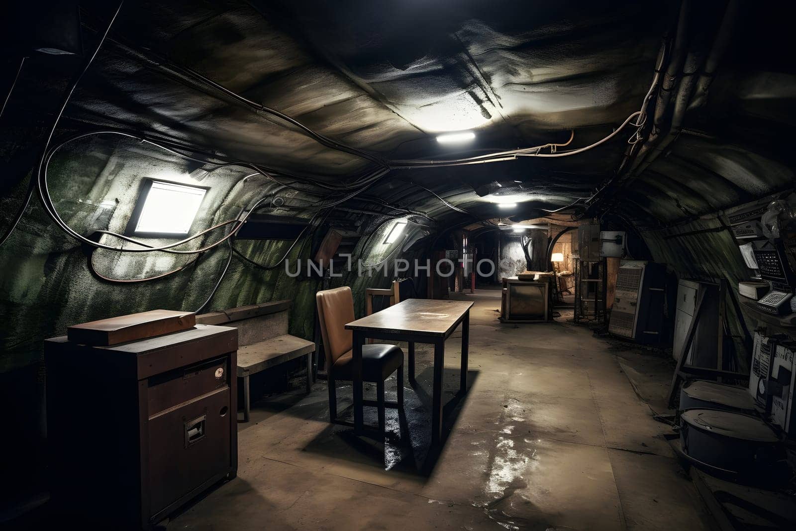 abandoned old unerground bunker interior. Neural network generated in May 2023. Not based on any actual scene or pattern.