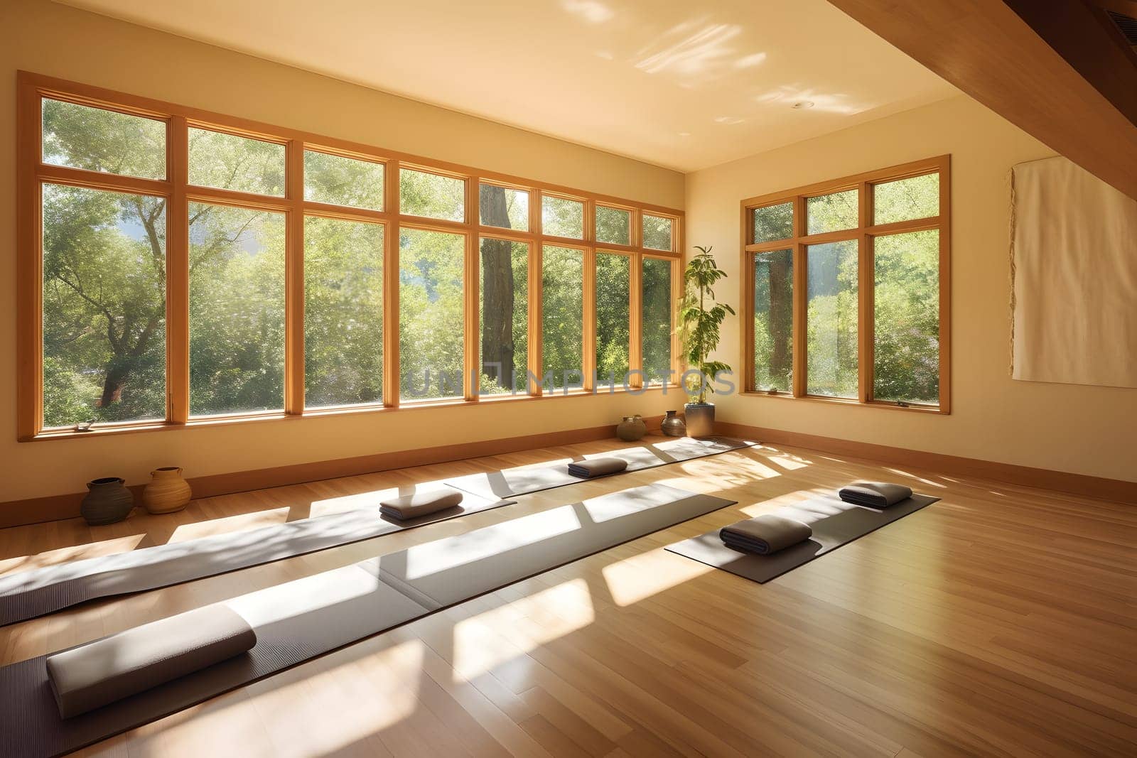 Yoga room with natural light from large windows, neural network generated photorealistic image by z1b