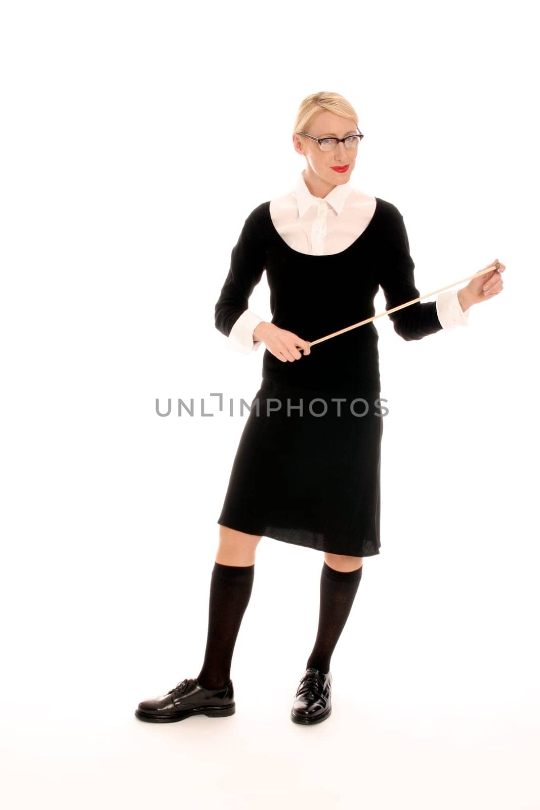Young blonde woman with pointing stick