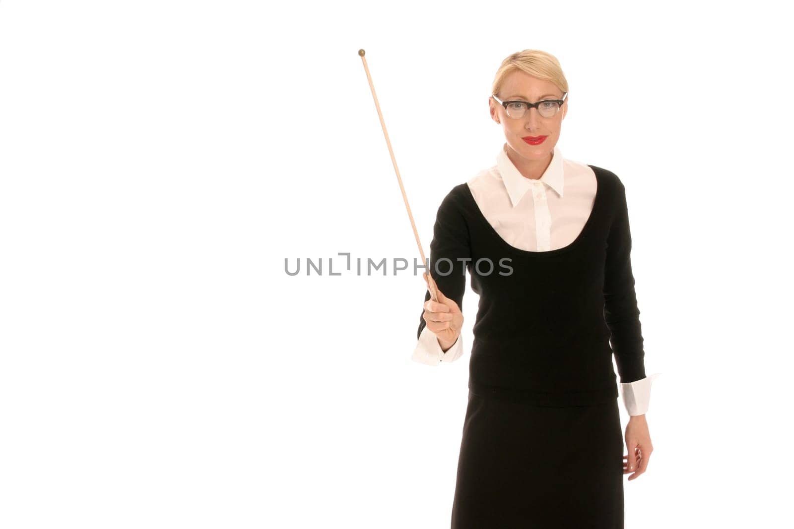 Young blonde woman with pointing stick