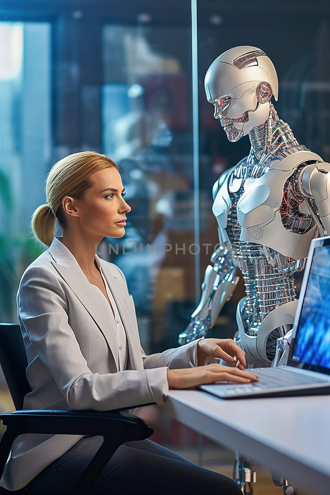 A woman at a computer programs a humanoid robot