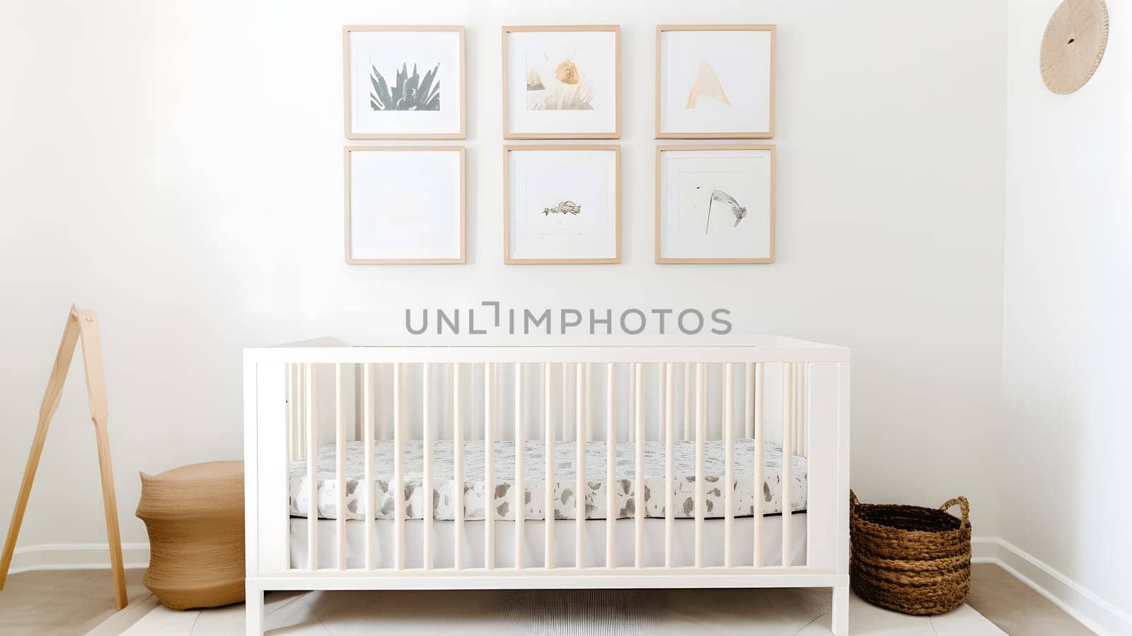 Bright white minimalist nursery wall with frames above cradle, neural network generated image by z1b