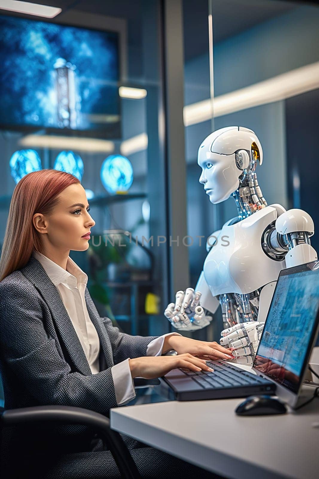 A woman at a computer programs a humanoid robot