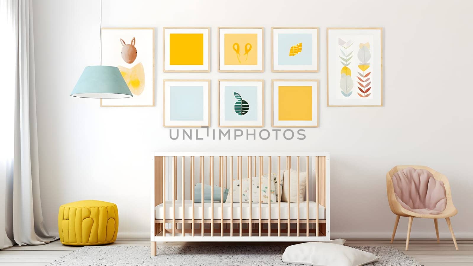 Bright white minimalist nursery wall with frames above cradle. Neural network generated in May 2023. Not based on any actual person, scene or pattern.