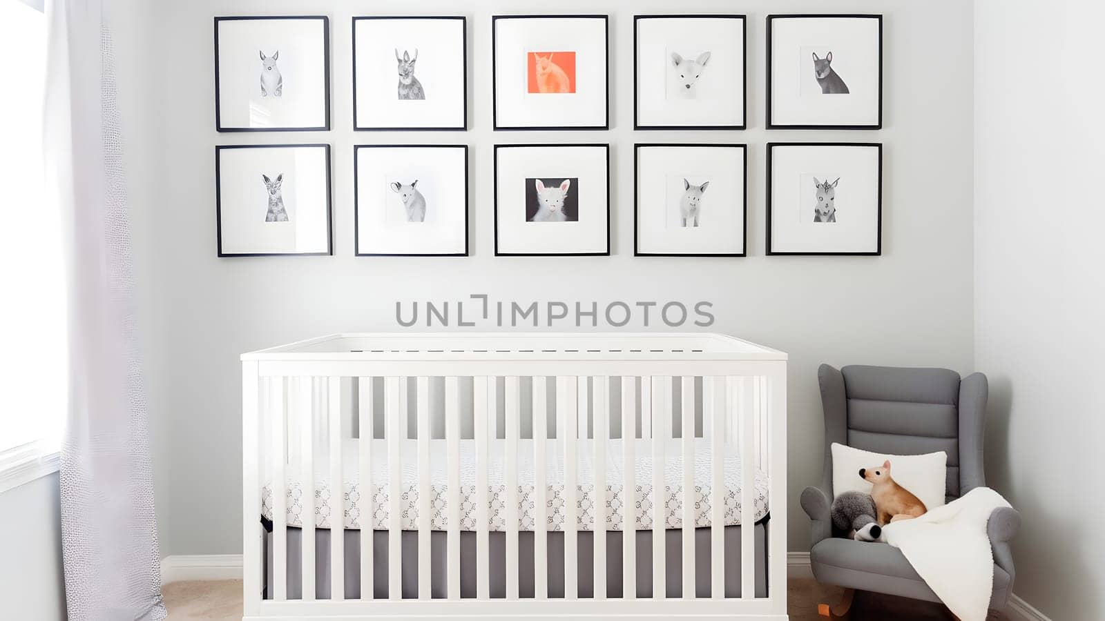 Bright white minimalist nursery wall with frames above cradle, neural network generated image by z1b