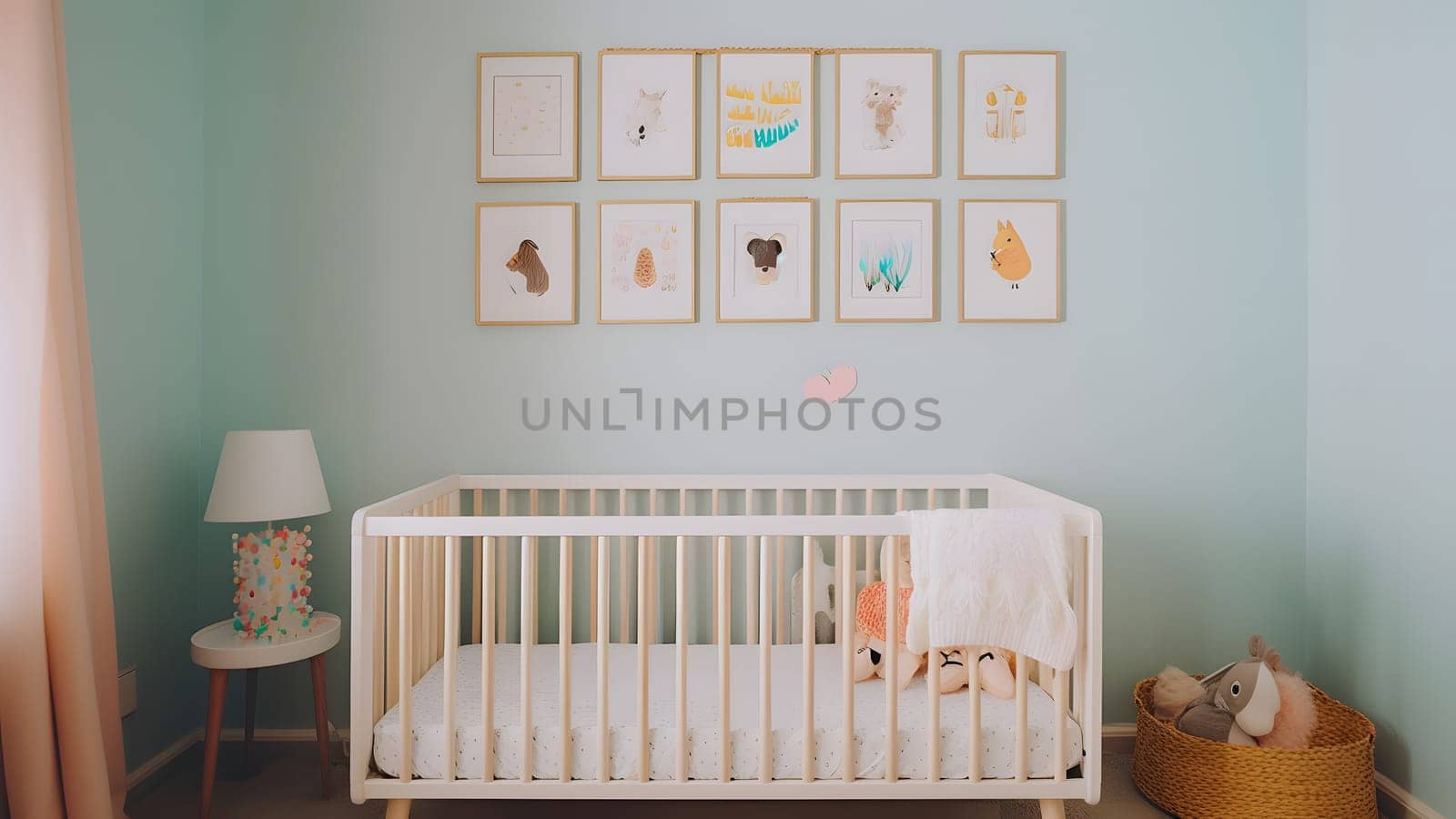 Bright white minimalist nursery wall with frames above cradle, neural network generated image by z1b