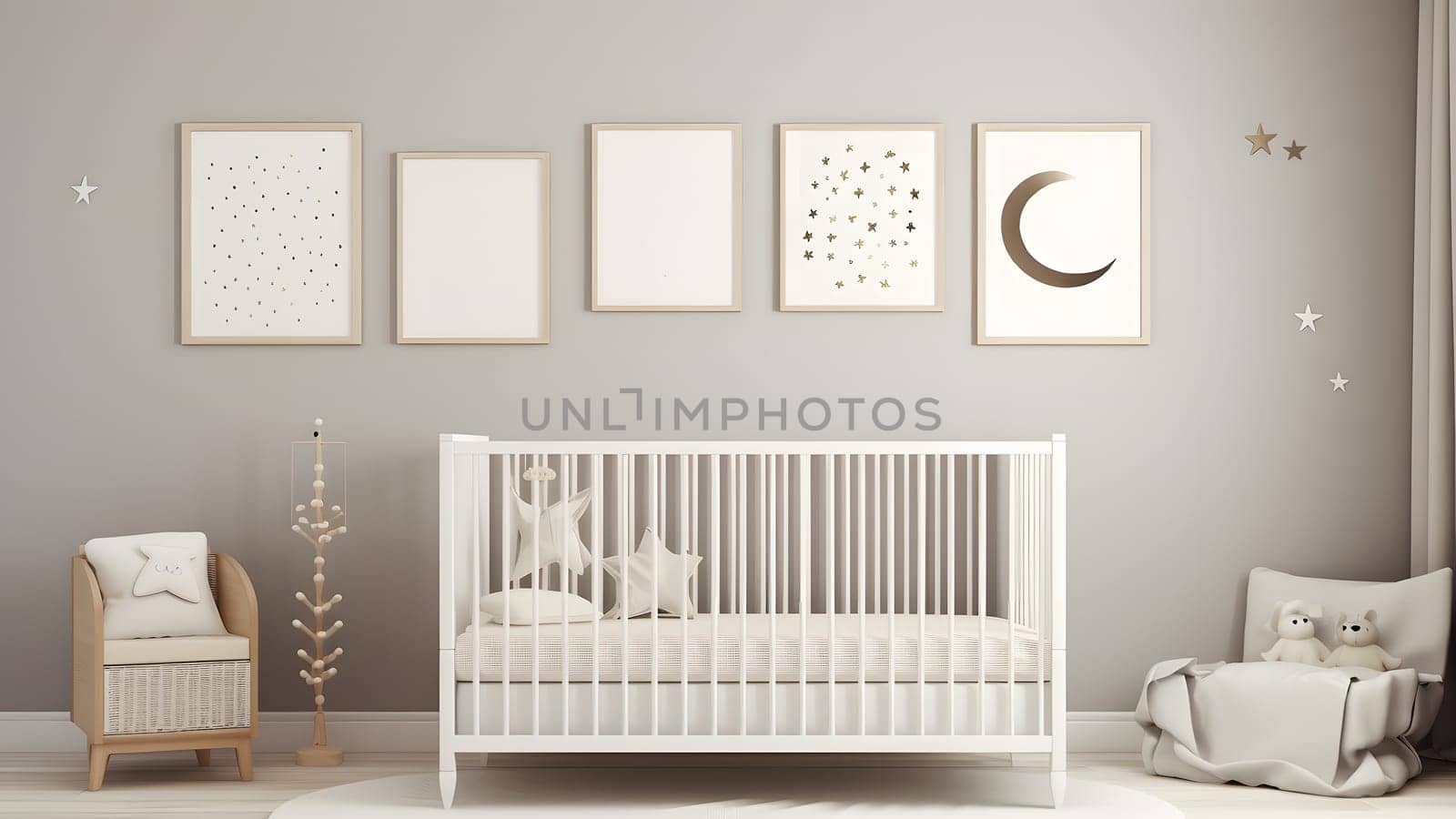 Bright white minimalist nursery wall with frames above cradle, neural network generated image by z1b