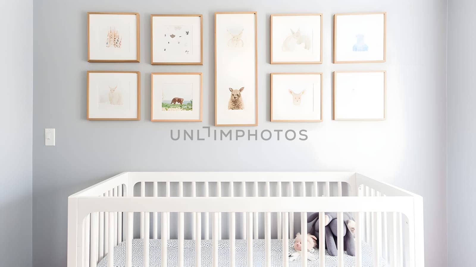 Bright white minimalist nursery wall with frames above cradle, neural network generated image by z1b