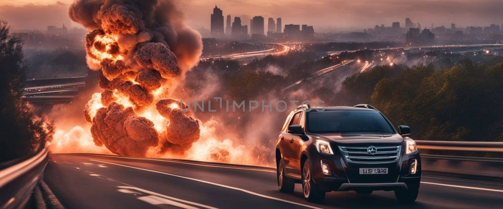 city under attack , explosion, fire, people running, traffic jam, apocalyptic illustration generative ai art