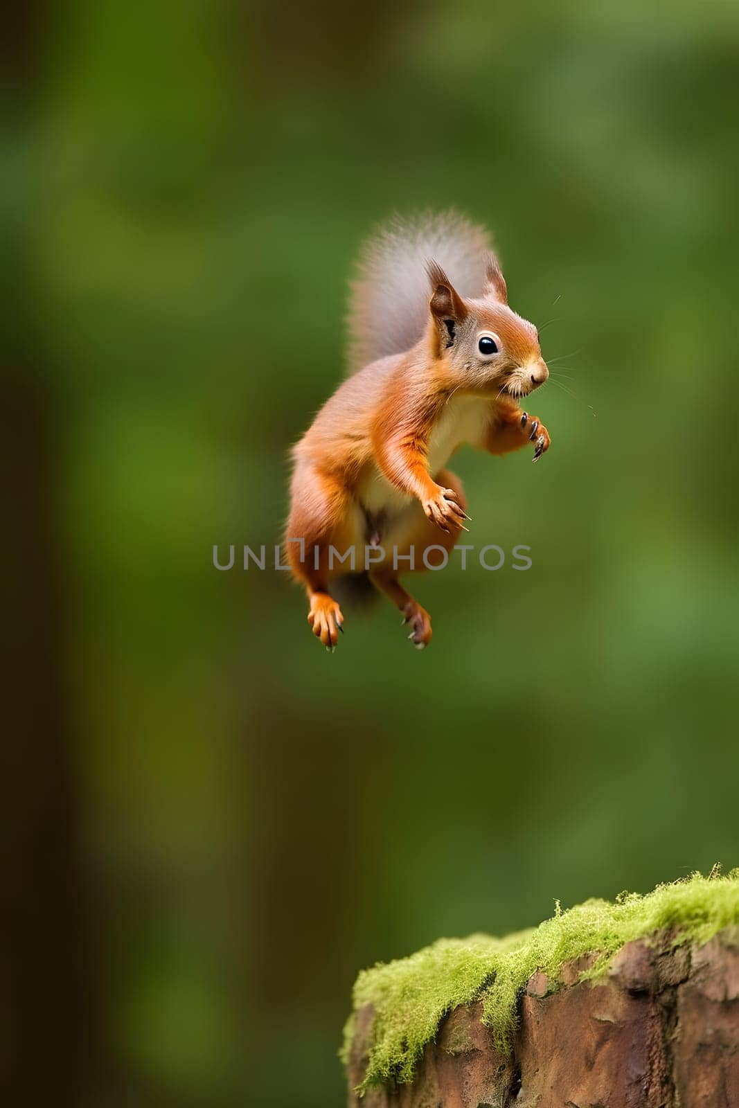 Eurasian red squirrel Sciurus vulgaris jumping in the forest at summer day, neural network generated photorealistic image by z1b