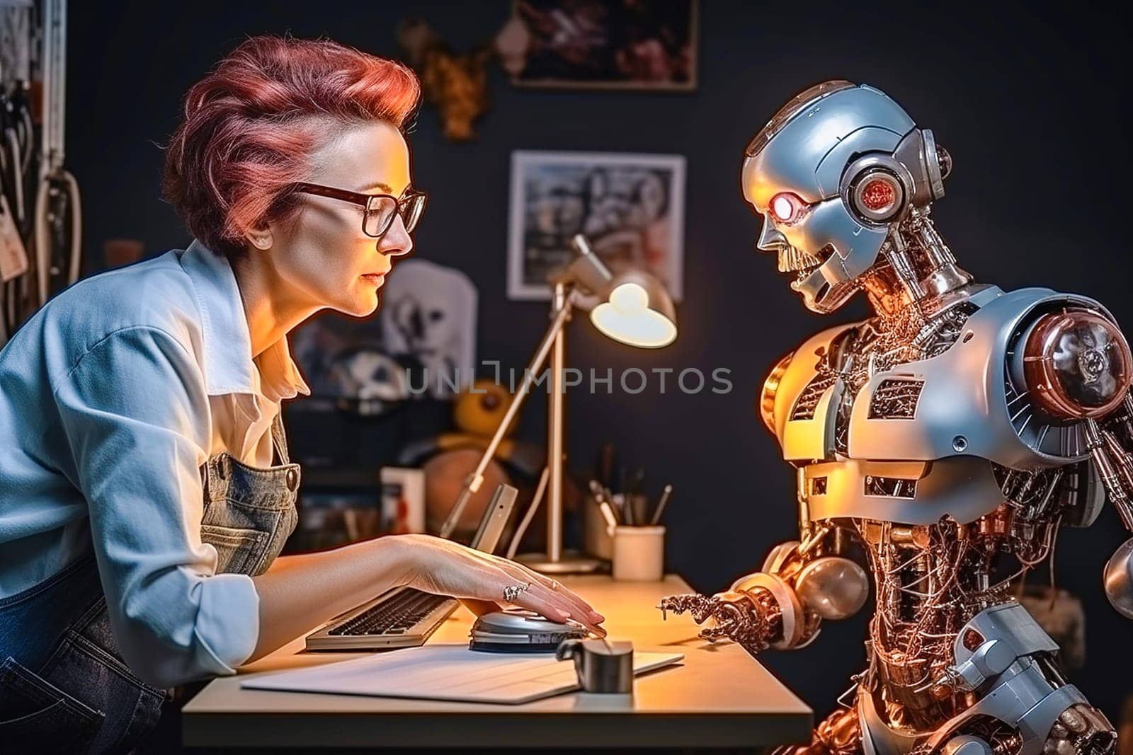 A female programmer tests a humanoid robot. The concept of robot and human. by Yurich32