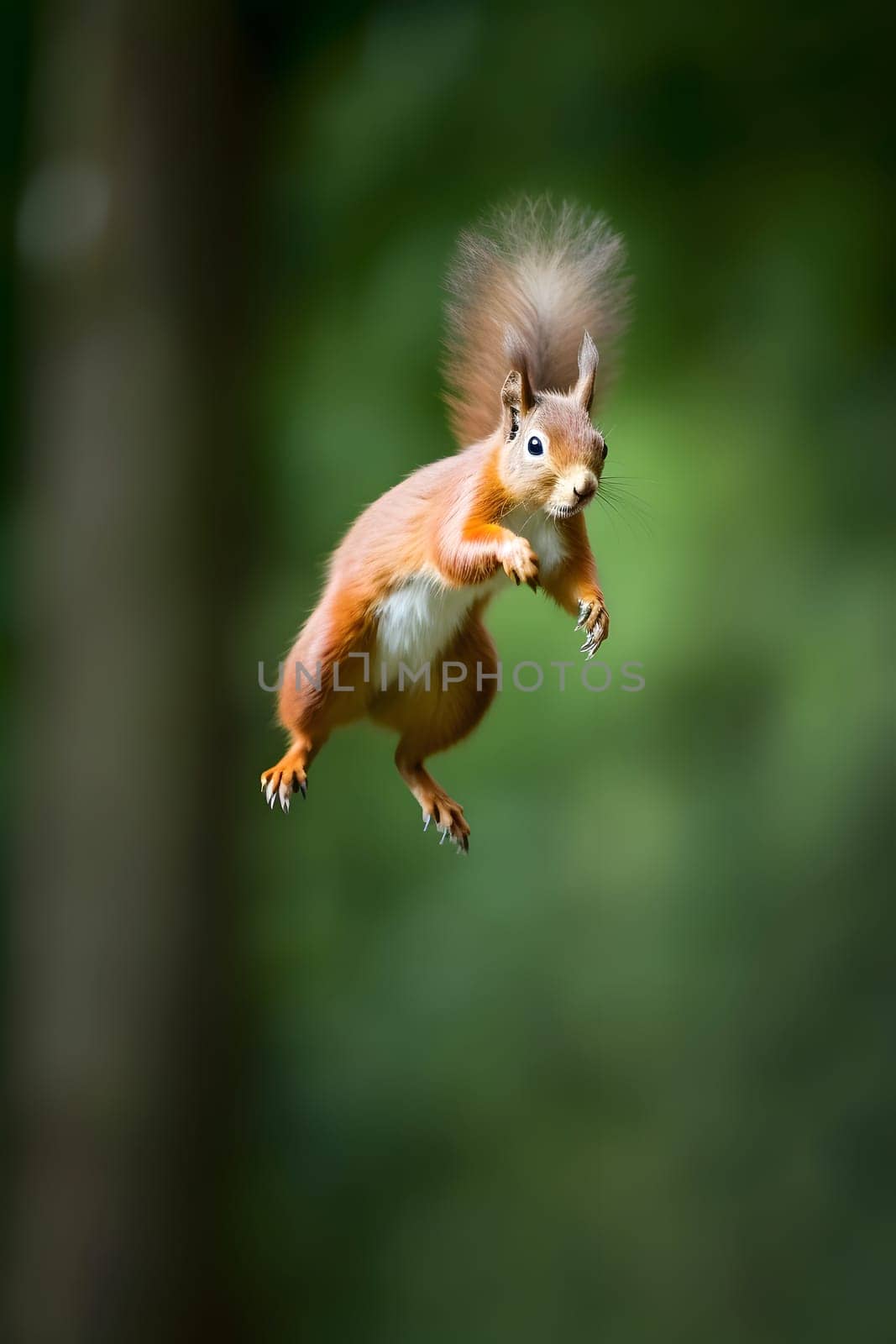 Eurasian red squirrel Sciurus vulgaris jumping in the forest at summer day. Neural network generated in May 2023. Not based on any actual scene or pattern.