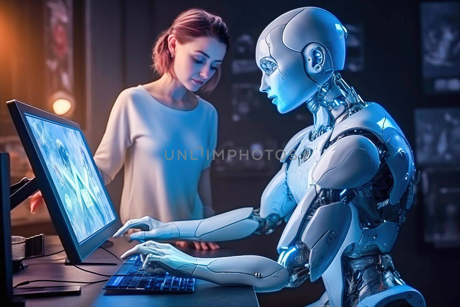 A humanoid robot works on the computer with the girl. by Yurich32