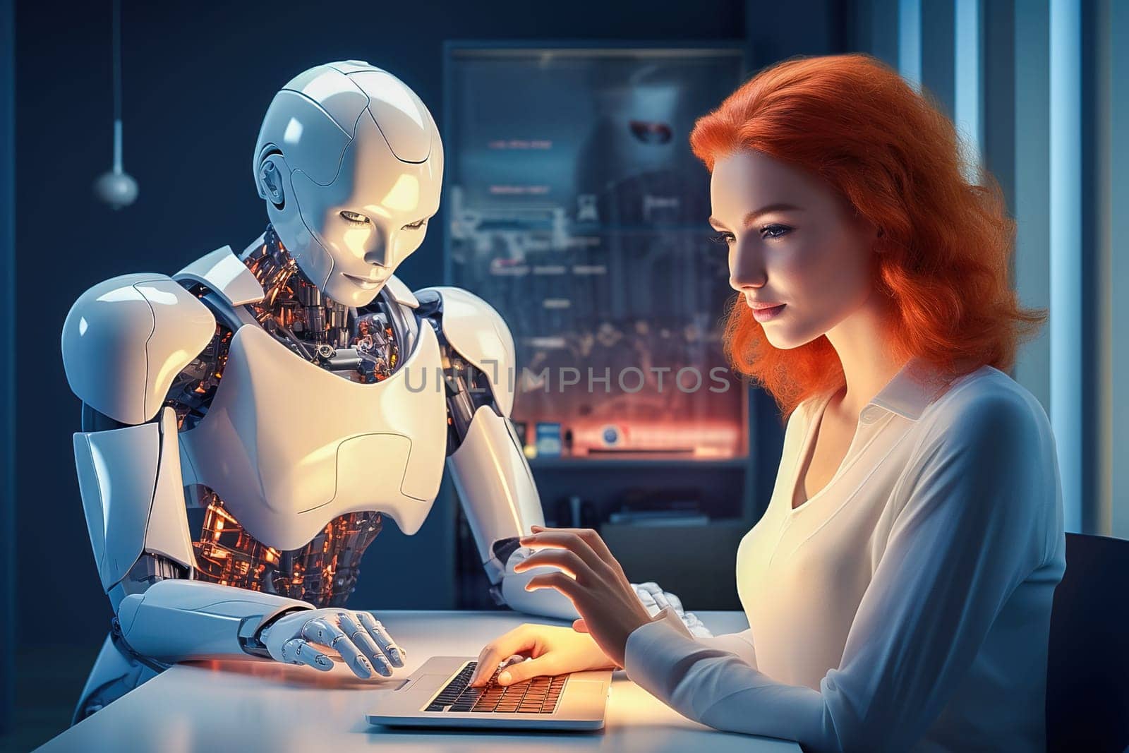 A female programmer discusses project details with a humanoid robot