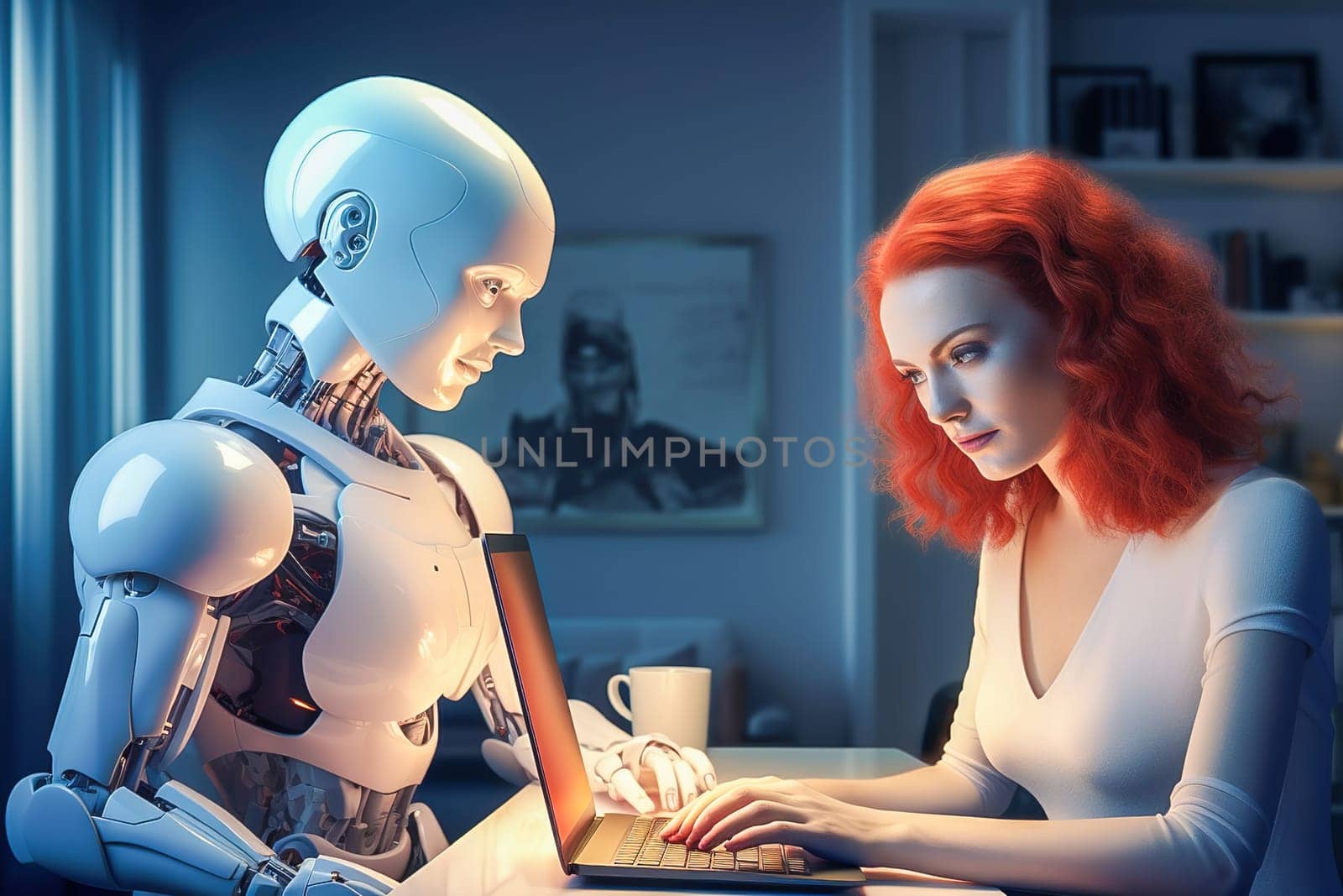 A female programmer discusses project details with a humanoid robot