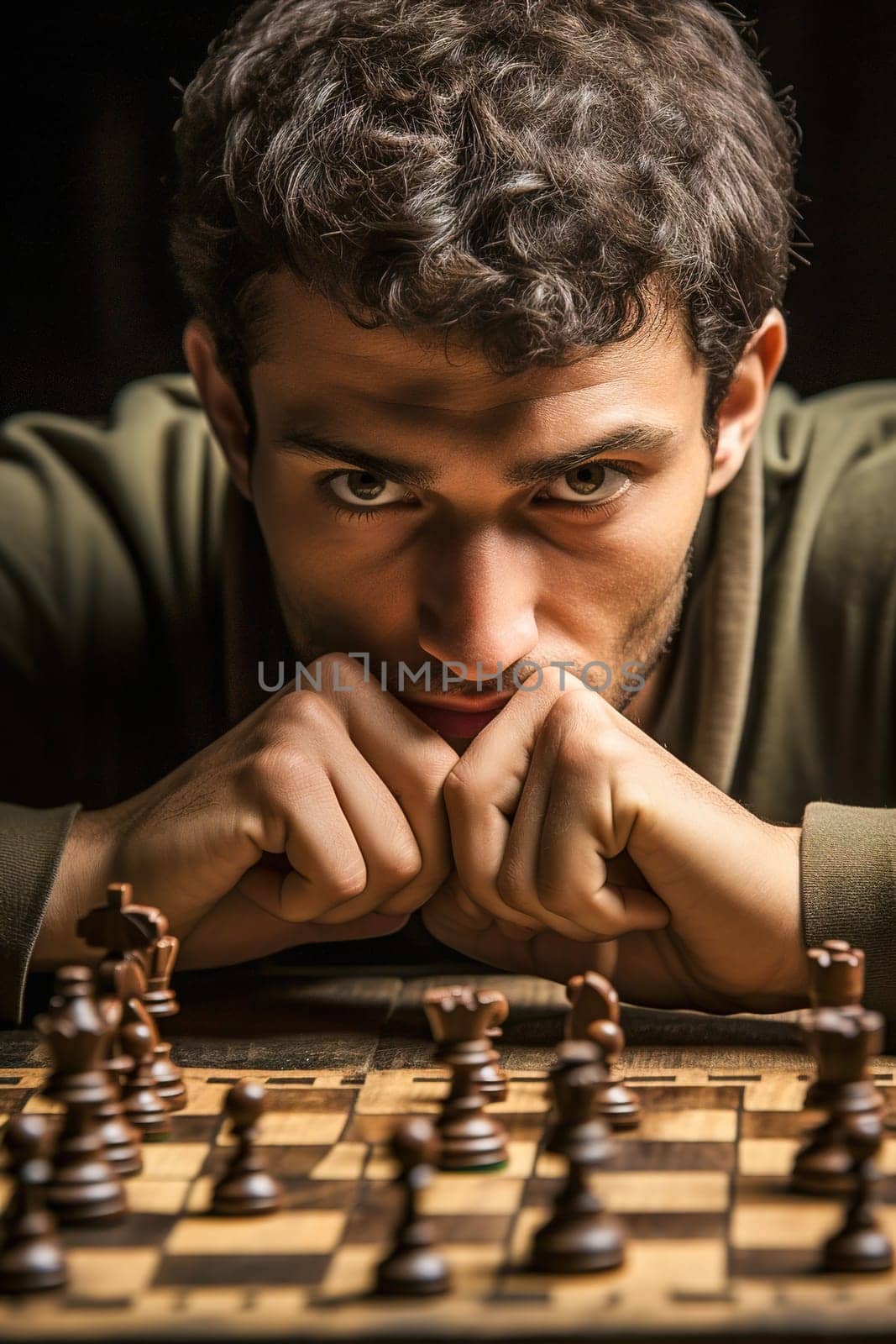 Portrait of a grown man playing chess. A serious look. Close-up
