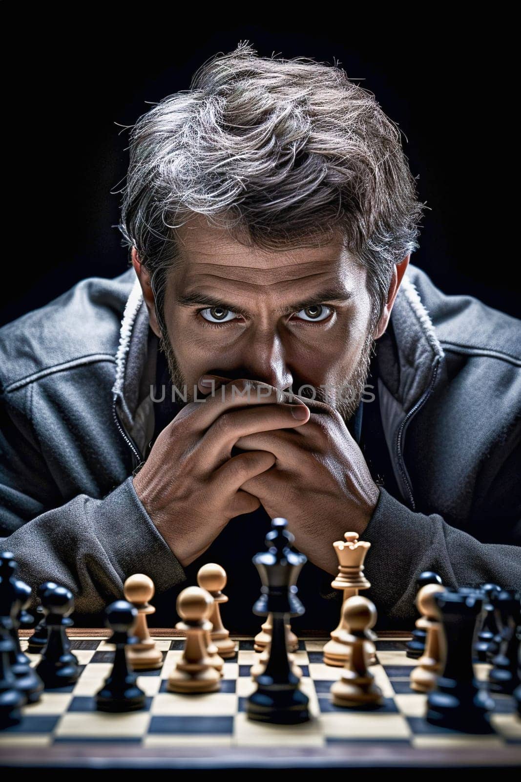 Portrait of a grown man playing chess. A serious look. Close-up. by Yurich32