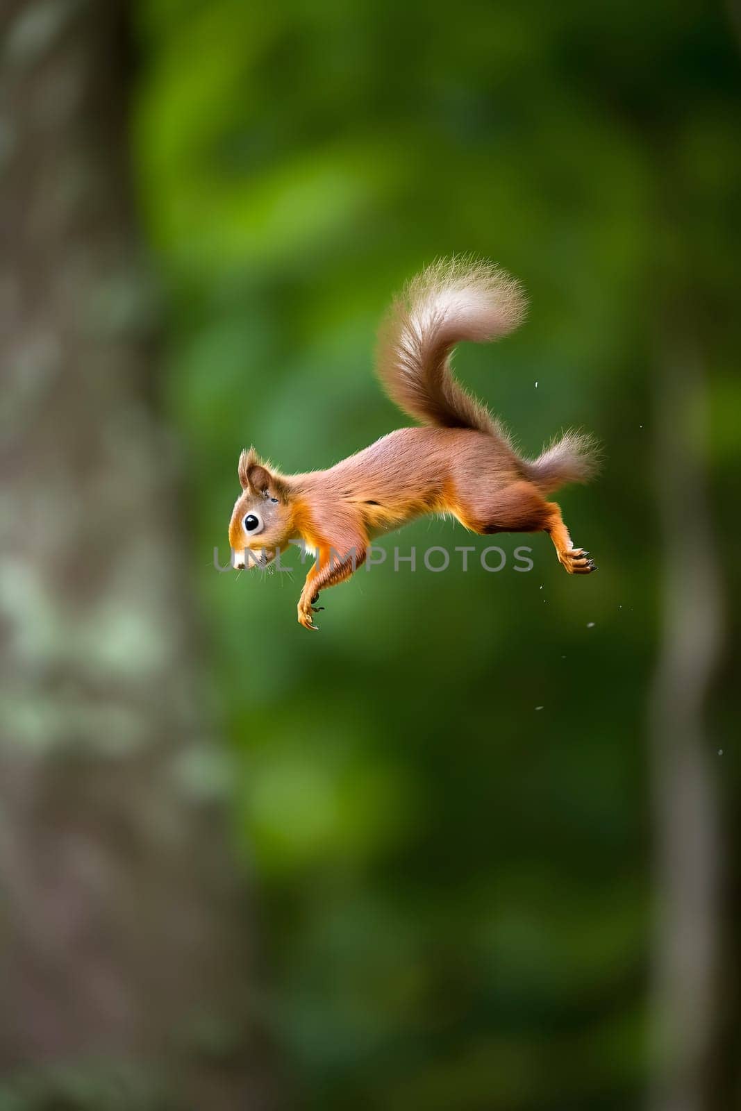 Eurasian red squirrel Sciurus vulgaris jumping in the forest at summer day. Neural network generated in May 2023. Not based on any actual scene or pattern.