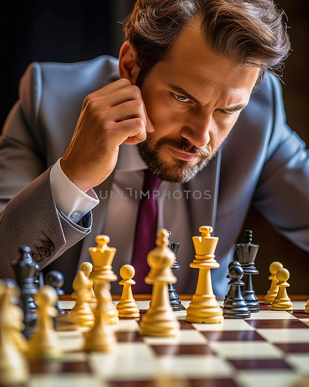 Portrait of a grown man playing chess. A serious look. Close-up