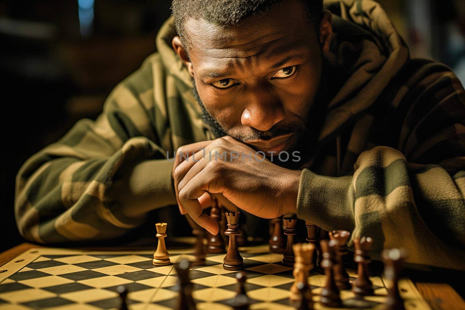 Portrait of a grown man playing chess. A serious look. Close-up