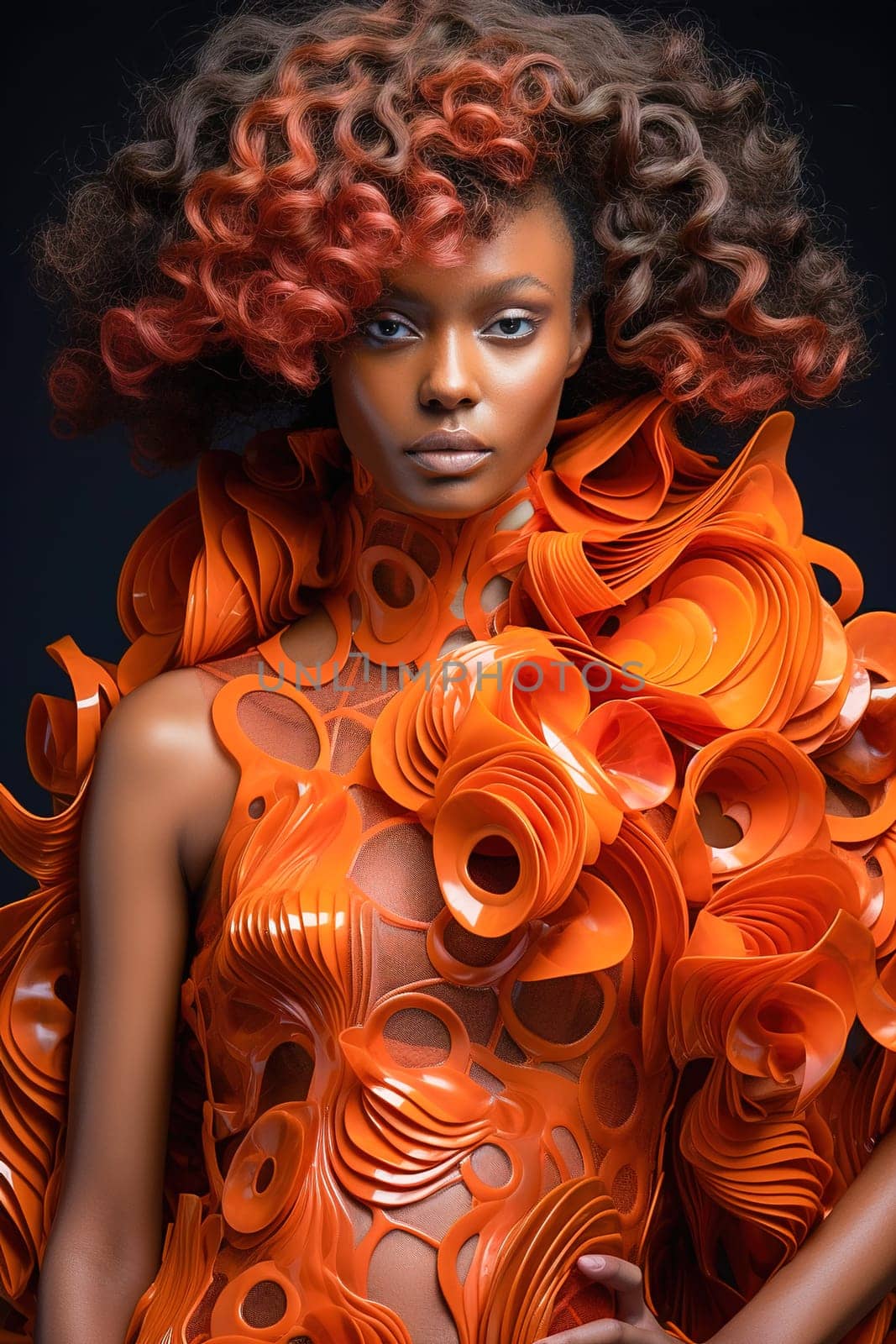 Portrait of a fashionable African American woman in an orange stylish dress