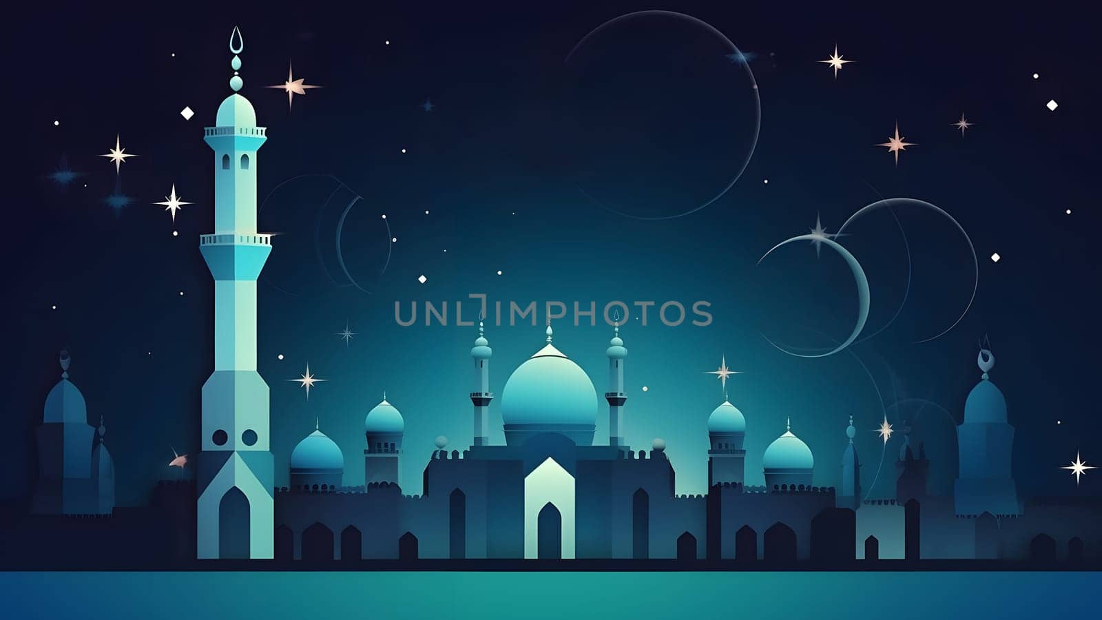 Ramadan mosque with starry night sky beautiful background. Neural network generated in May 2023. Not based on any actual scene or pattern.