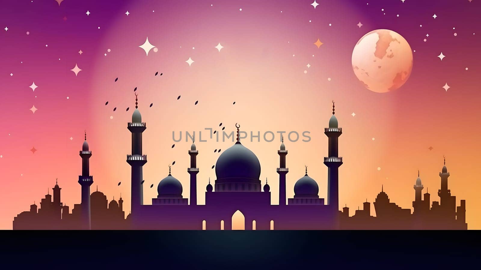 Ramadan mosque with starry night sky beautiful background. Neural network generated in May 2023. Not based on any actual scene or pattern.
