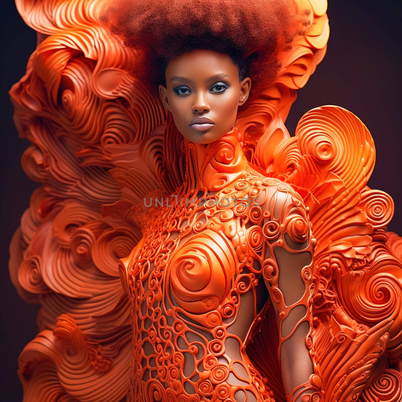 Portrait of a fashionable African American woman in an orange stylish dress. by Yurich32
