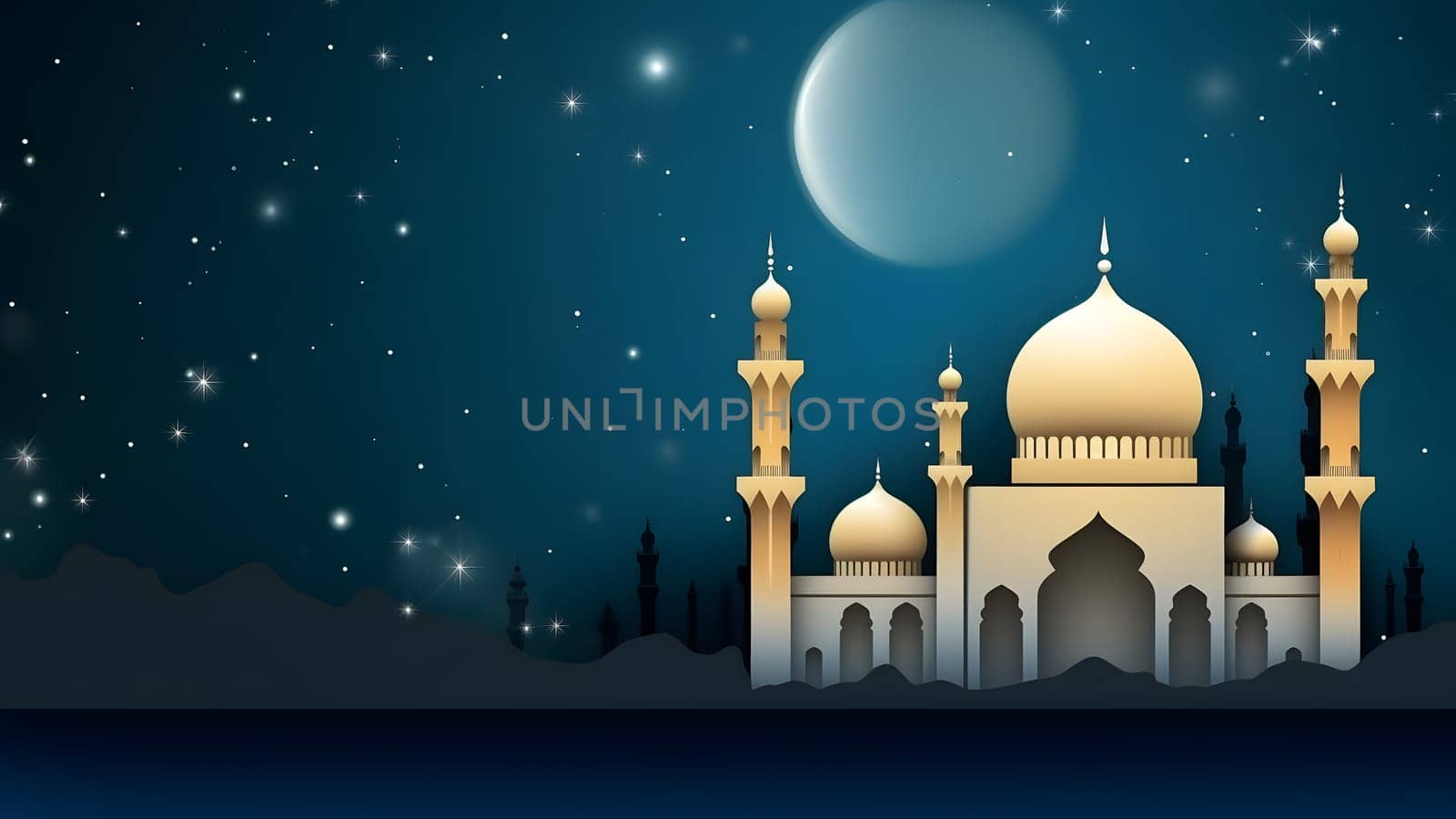 Ramadan mosque with starry night sky beautiful background, neural network generated image by z1b