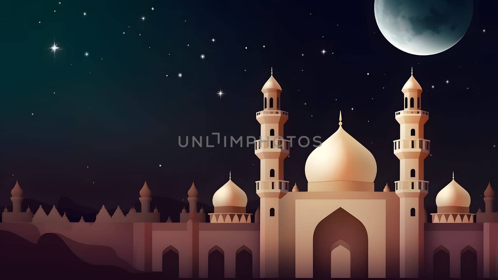 Ramadan mosque with starry night sky beautiful background. Neural network generated in May 2023. Not based on any actual scene or pattern.
