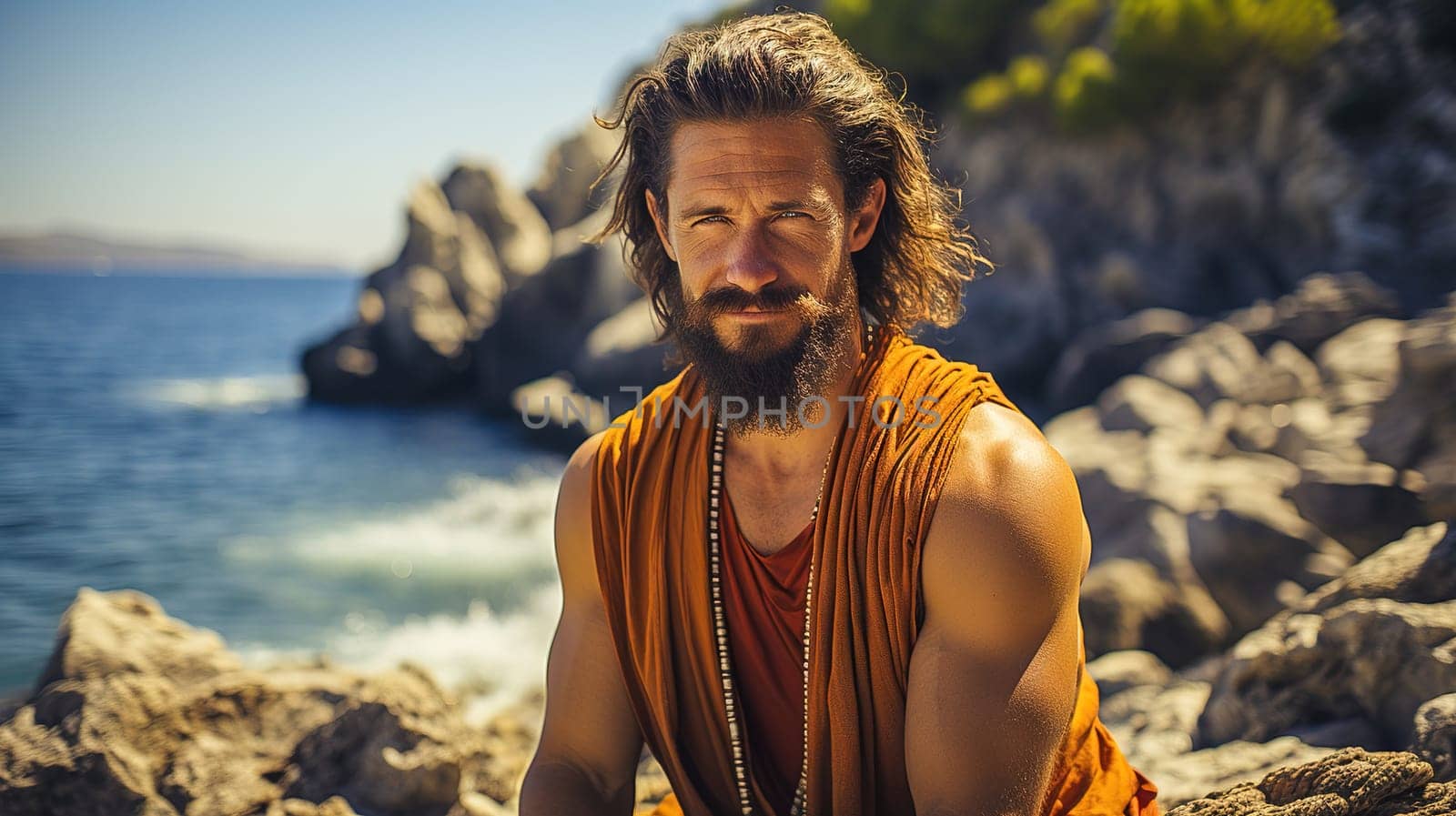 Portrait of a calm man relaxing sitting by the water. Yoga concept. by Yurich32